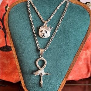 Silver-tone King Panda & Snake Ankh Cross Layered Necklace - BOLD & Unisex